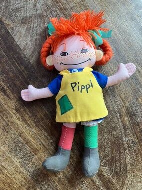 Vintage Pippi Longstocking Soft Rag Doll in Yellow Dress and Red Hair